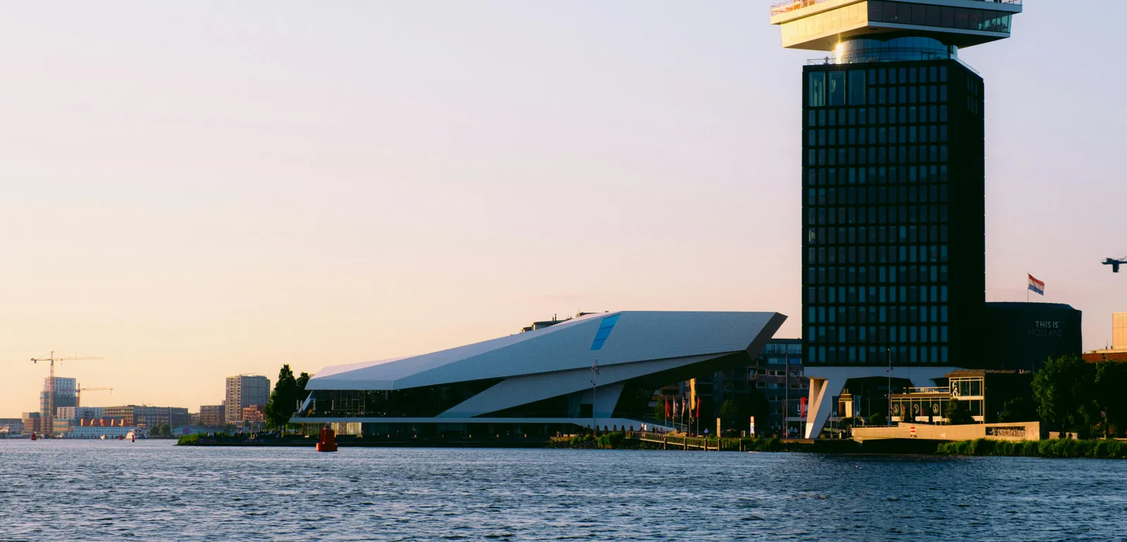 The ADAM Tower seen from the Canal in Amsterdam, Netherlands 